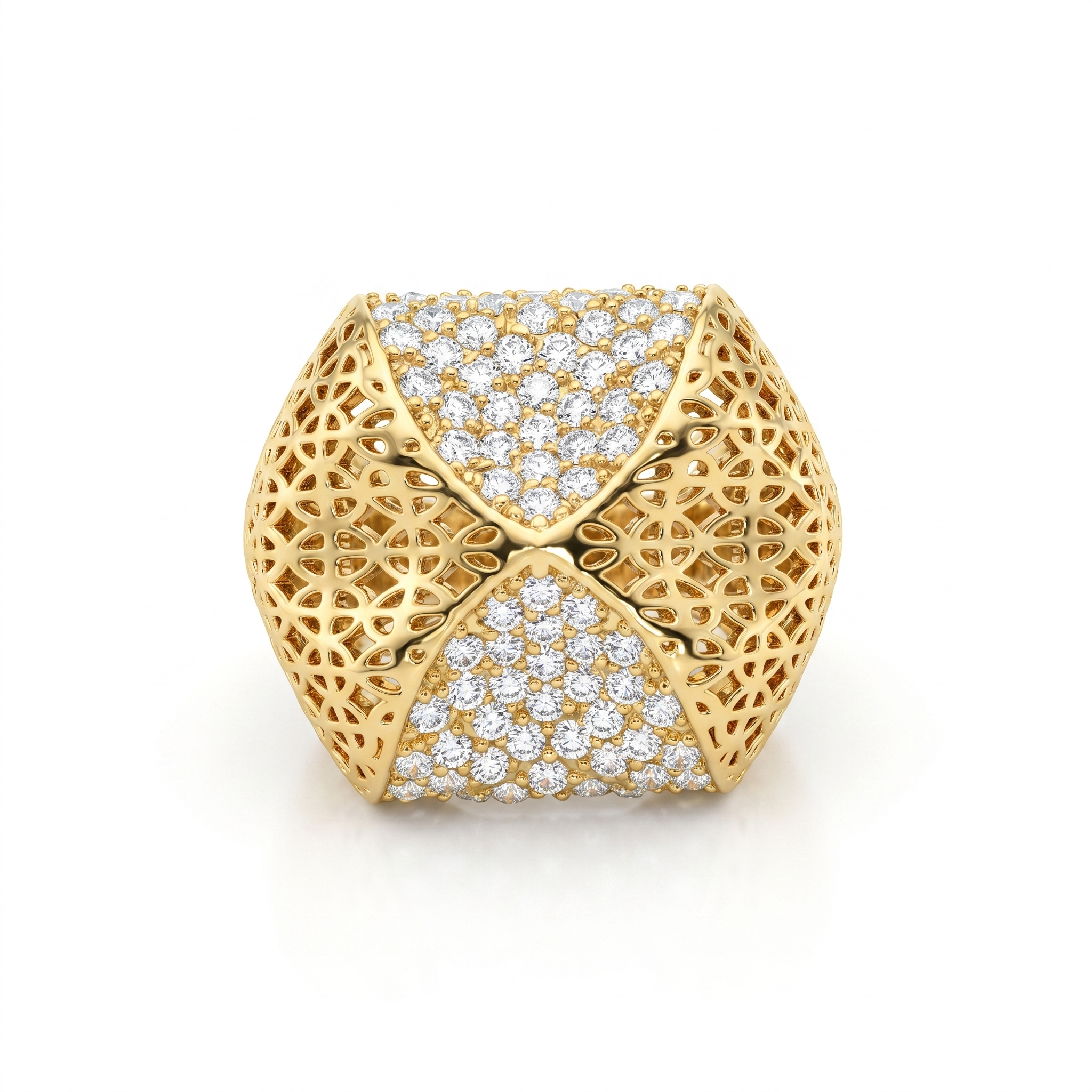 American Diamond Pavé & Filigree Statement Ring in 925 Silver – Gold Finish Secondary image