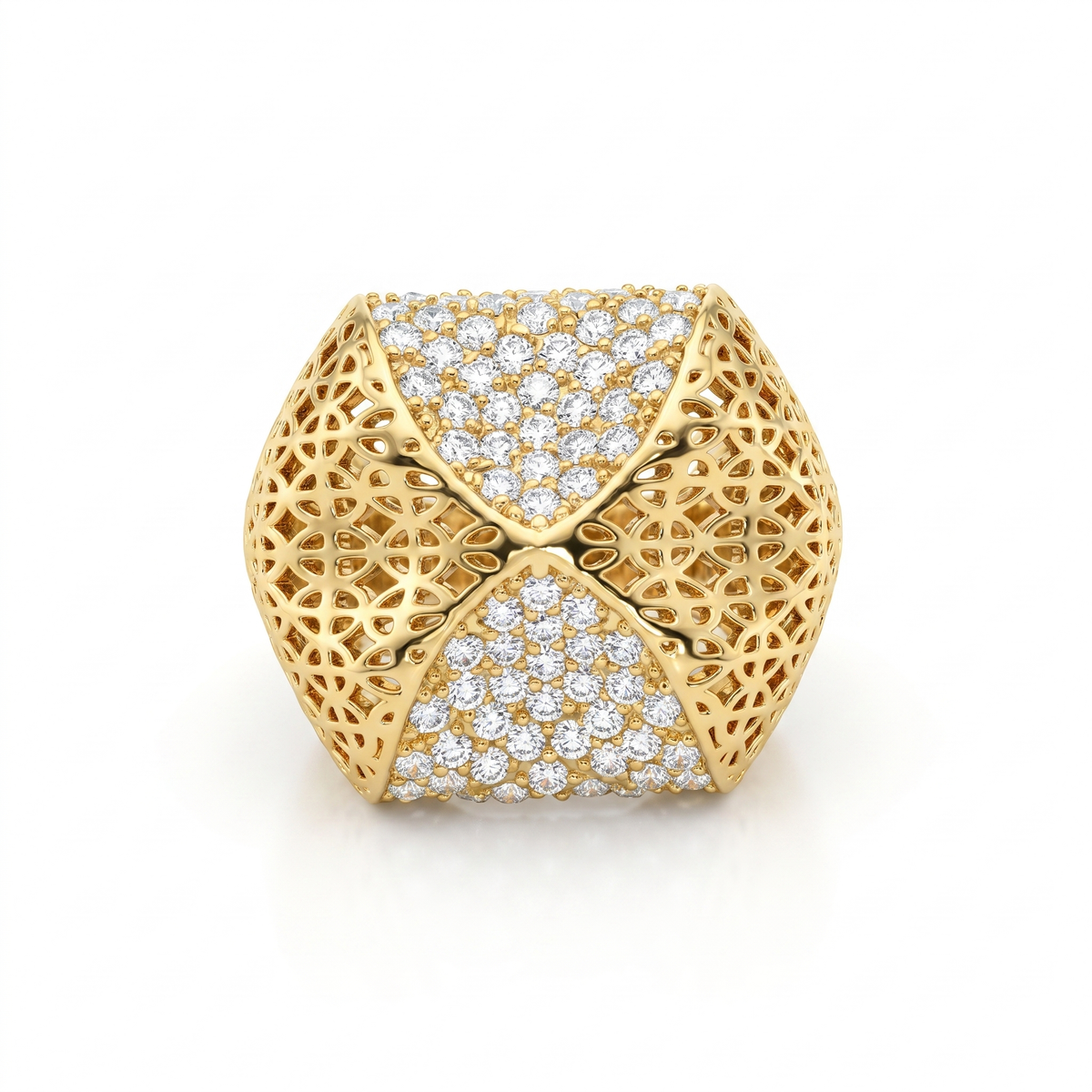American Diamond Pavé & Filigree Statement Ring in 925 Silver – Gold Finish