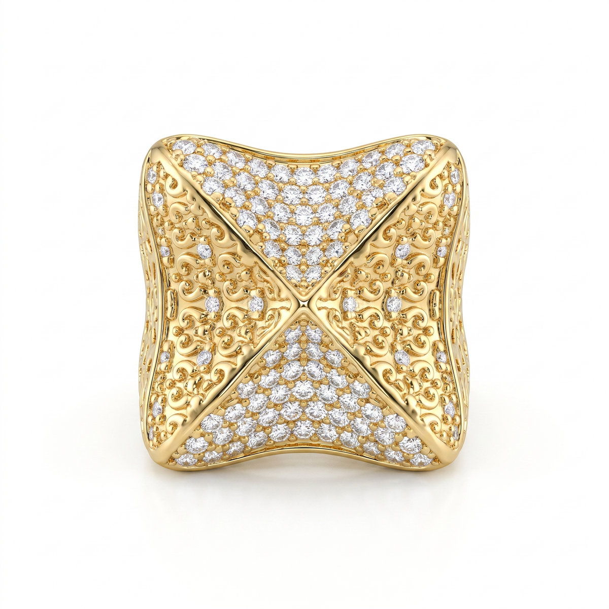 American Diamond Ornate Filigree Statement Ring in 925 Silver – Gold Finish