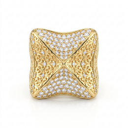 American Diamond Ornate Filigree Statement Ring in 925 Silver – Gold Finish