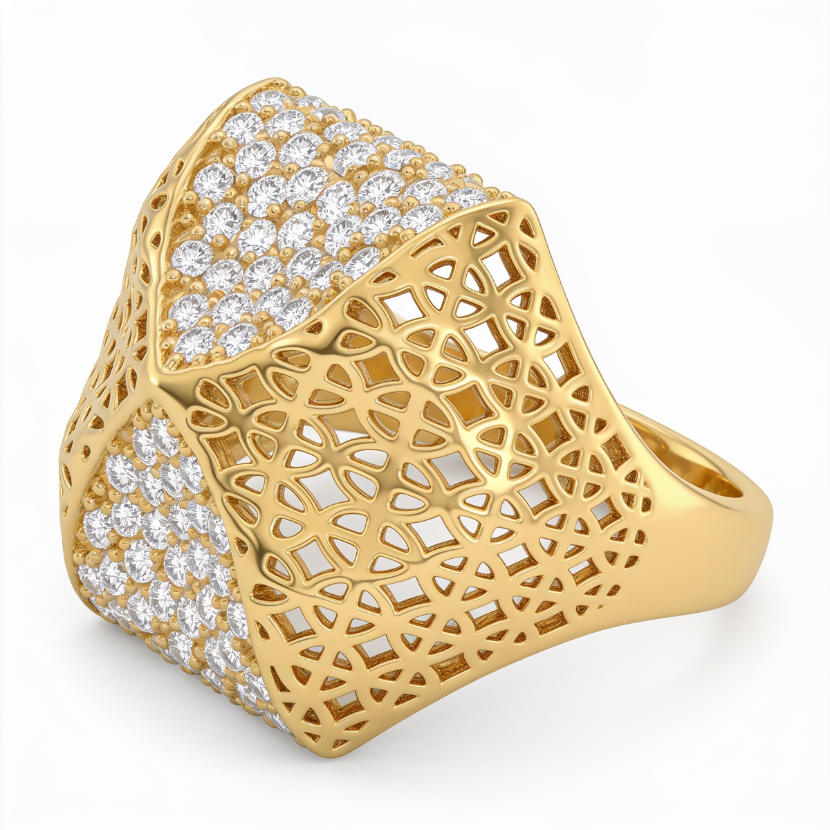 American Diamond Pavé & Filigree Statement Ring in 925 Silver – Gold Finish Main image