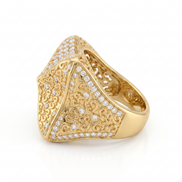 American Diamond Ornate Filigree Statement Ring in 925 Silver – Gold Finish