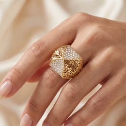 American Diamond Pavé & Filigree Statement Ring in 925 Silver – Gold Finish