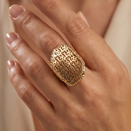 Ornate Openwork Statement Ring in 925 Silver with Yellow Gold Finish