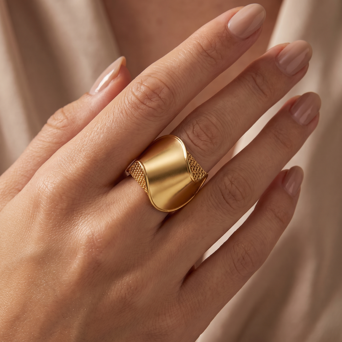 Sculptural Wave Mesh Statement Ring in 925 Silver with Yellow Gold Finish