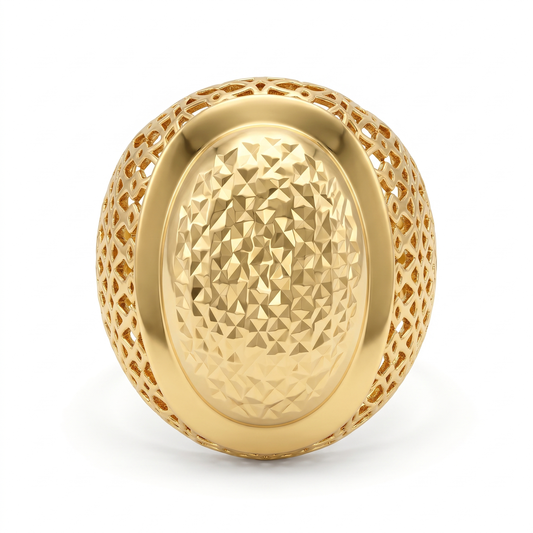 Sculpted Oval Faceted Statement Ring in 925 Silver with Yellow Gold Finish