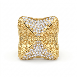 Ornate Pavé Statement Ring in 925 Silver with Yellow Gold Finish