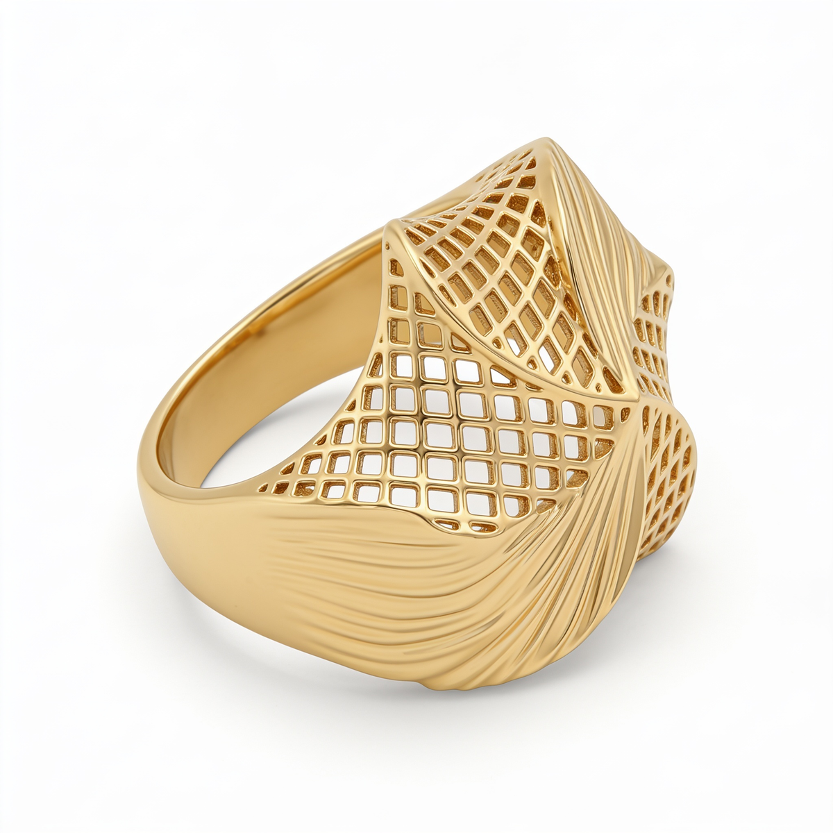 Sculptural Openwork Lattice Statement Ring in 925 Silver with Yellow Gold Finish