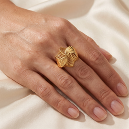 Sculptural Openwork Lattice Statement Ring in 925 Silver with Yellow Gold Finish
