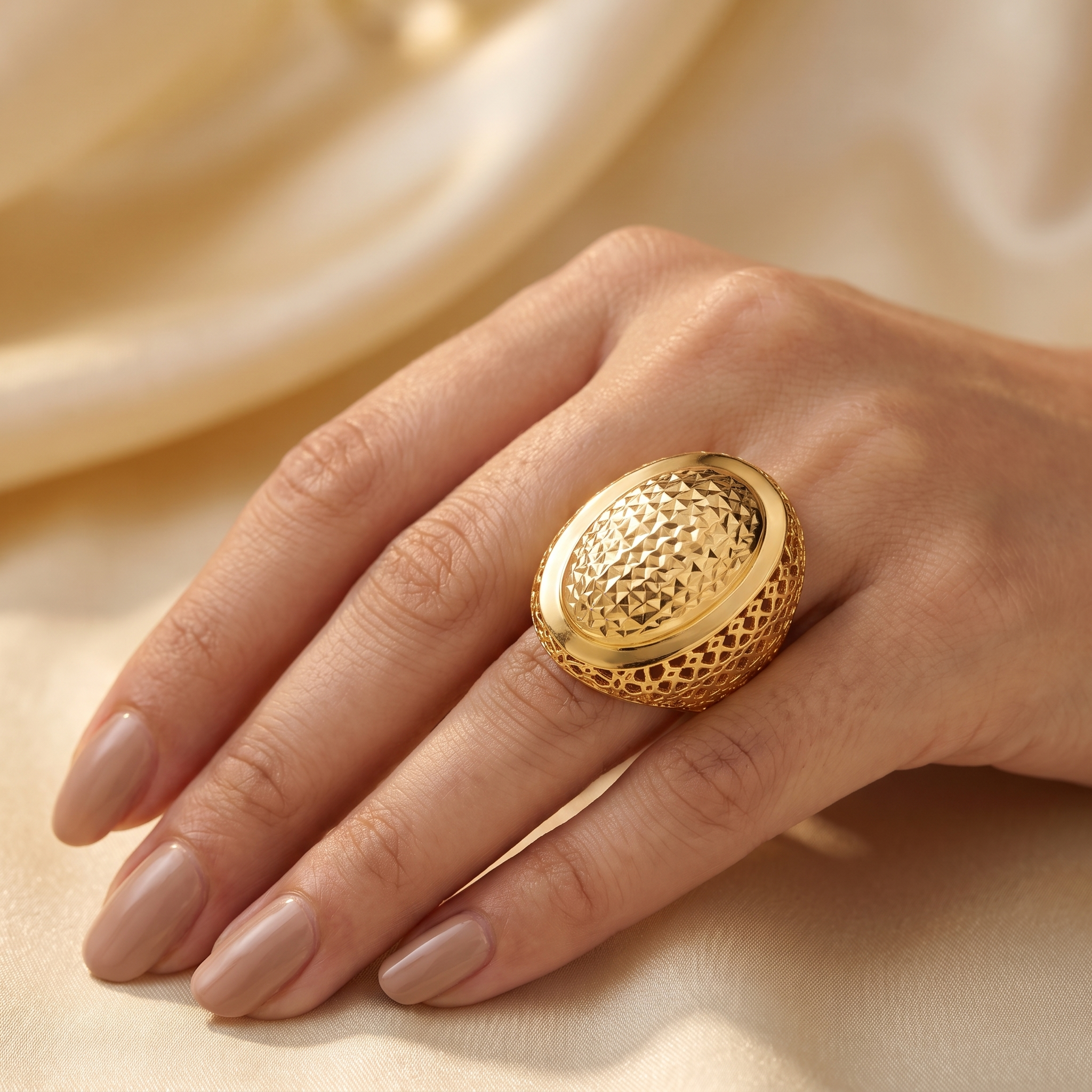 Sculpted Oval Faceted Statement Ring in 925 Silver with Yellow Gold Finish Secondary image