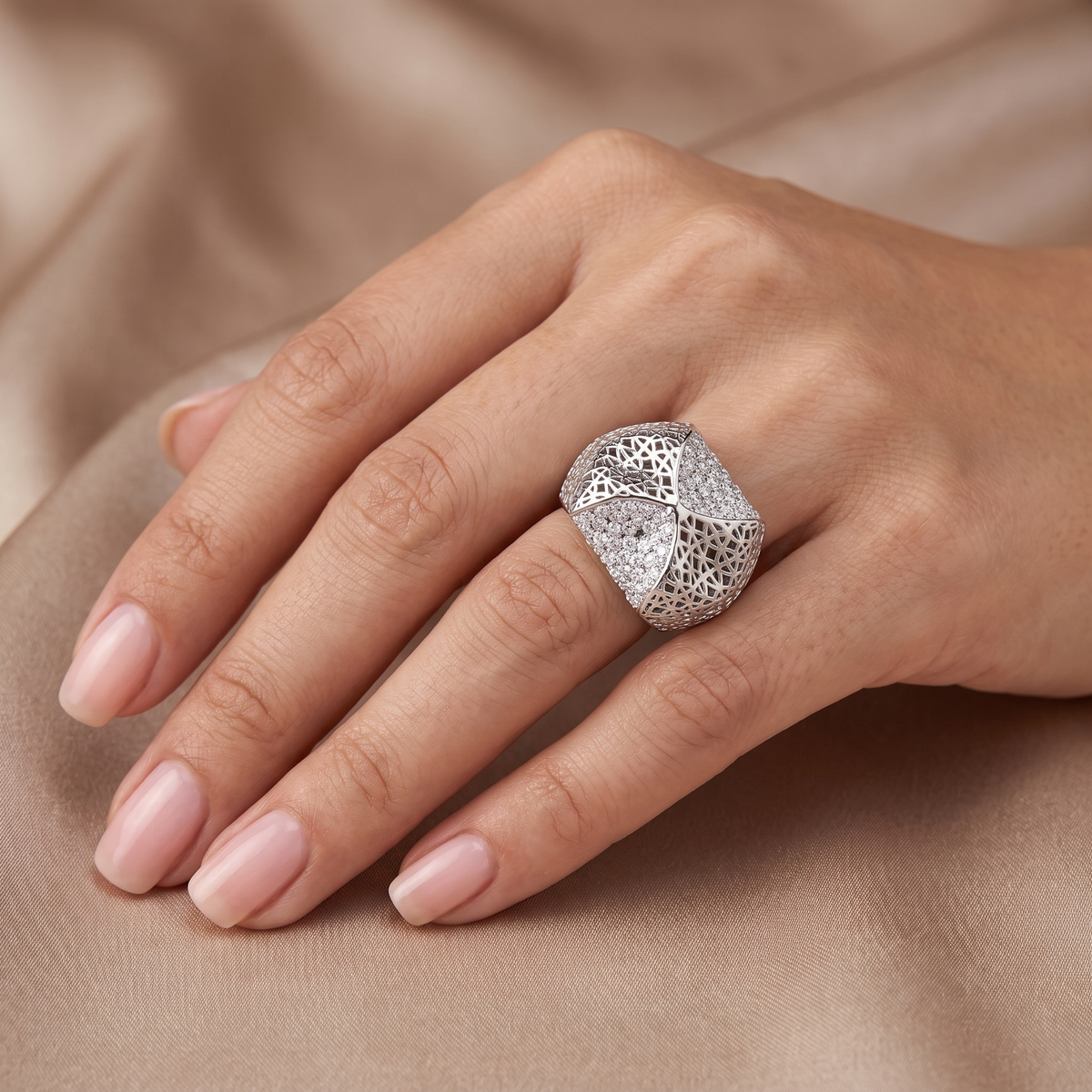 Openwork Pavé Statement Ring in 925 Silver with American Diamond