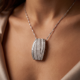 American Diamond Pavé & Baguette Statement Pendant Necklace in 925 Silver