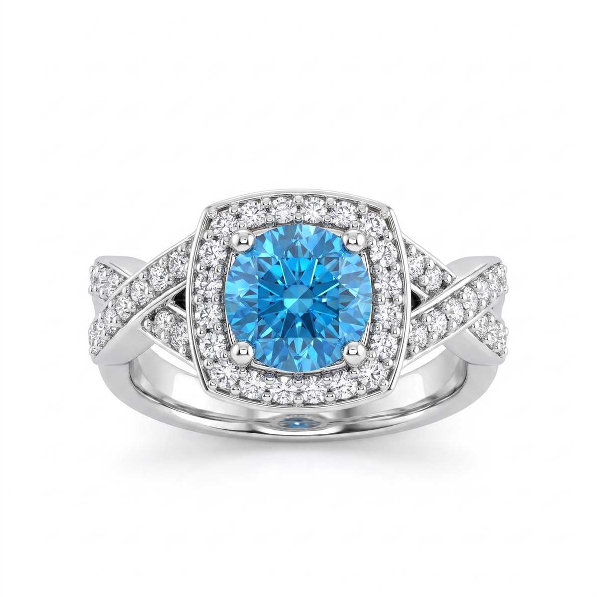 Blue Cushion-Cut Halo Ring with American Diamonds in 925 Silver Main image