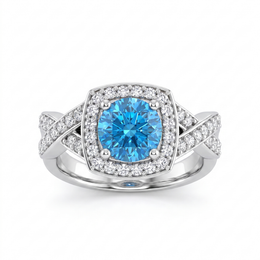Blue Cushion-Cut Halo Ring with American Diamonds in 925 Silver