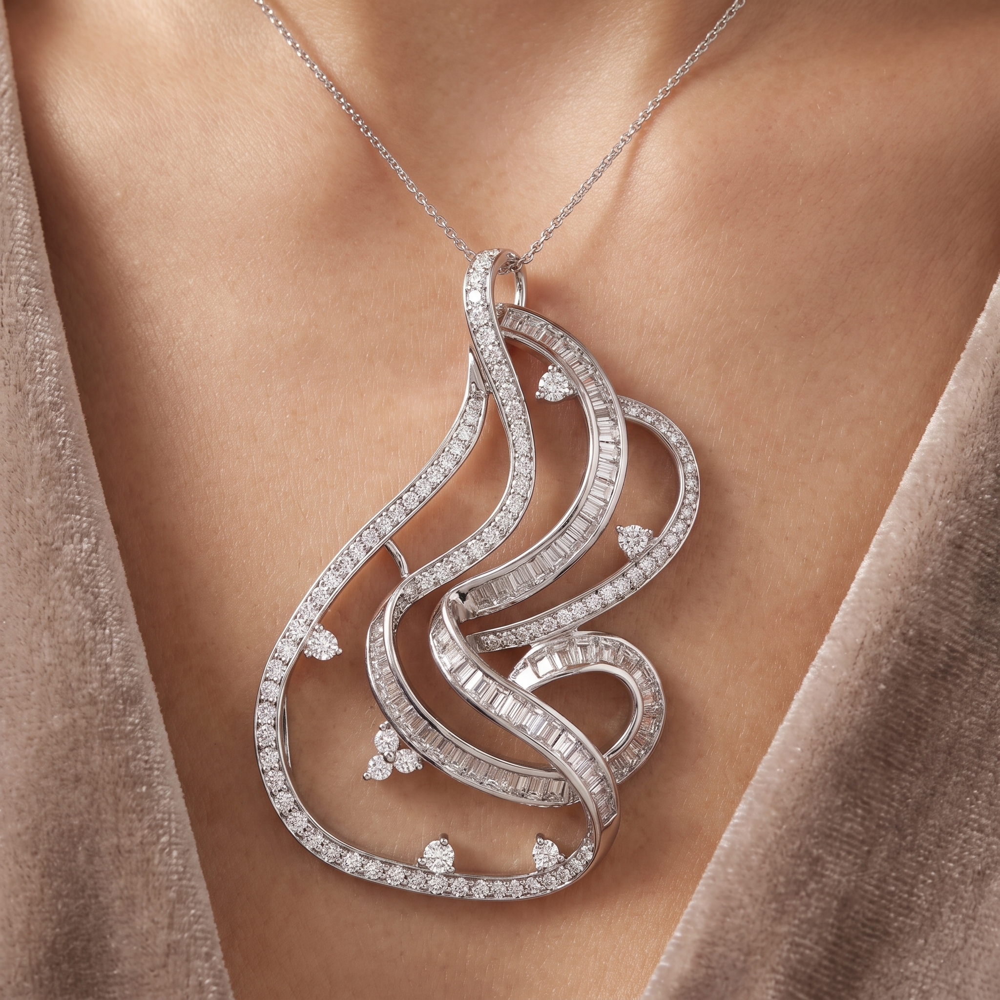 American Diamond Swirl Statement Pendant Necklace in 925 Silver Secondary image