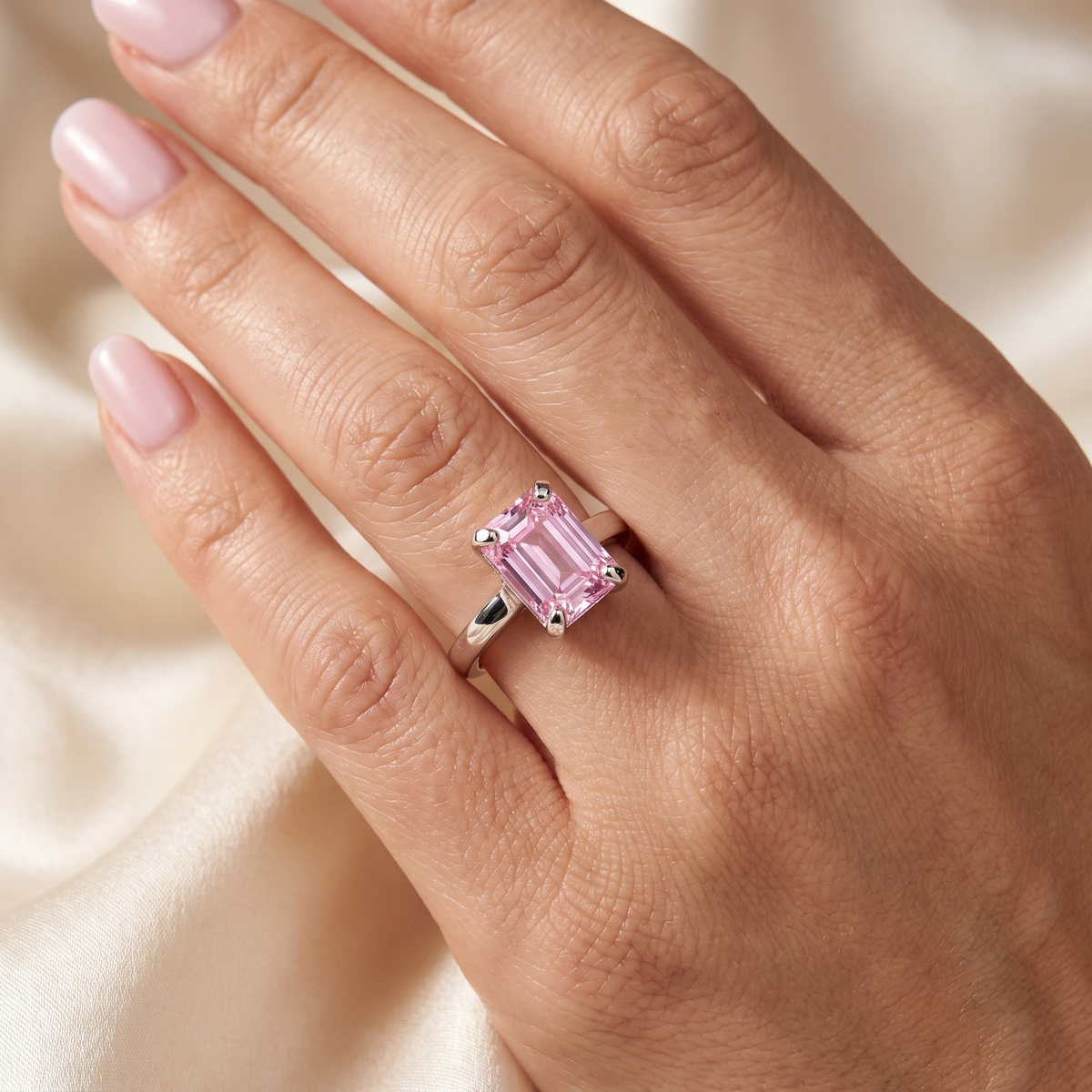 Pink Emerald-Cut Solitaire Ring in 925 Silver