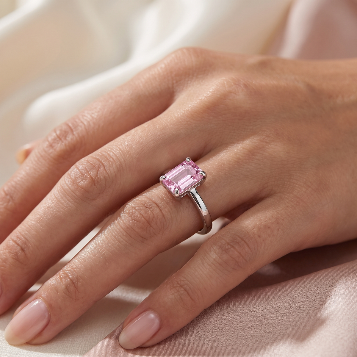 Pink Emerald-Cut Solitaire Ring in 925 Silver