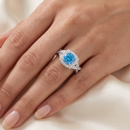 Blue Cushion-Cut Halo Ring with American Diamonds in 925 Silver