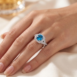 Blue Cushion-Cut Halo Ring with American Diamonds in 925 Silver