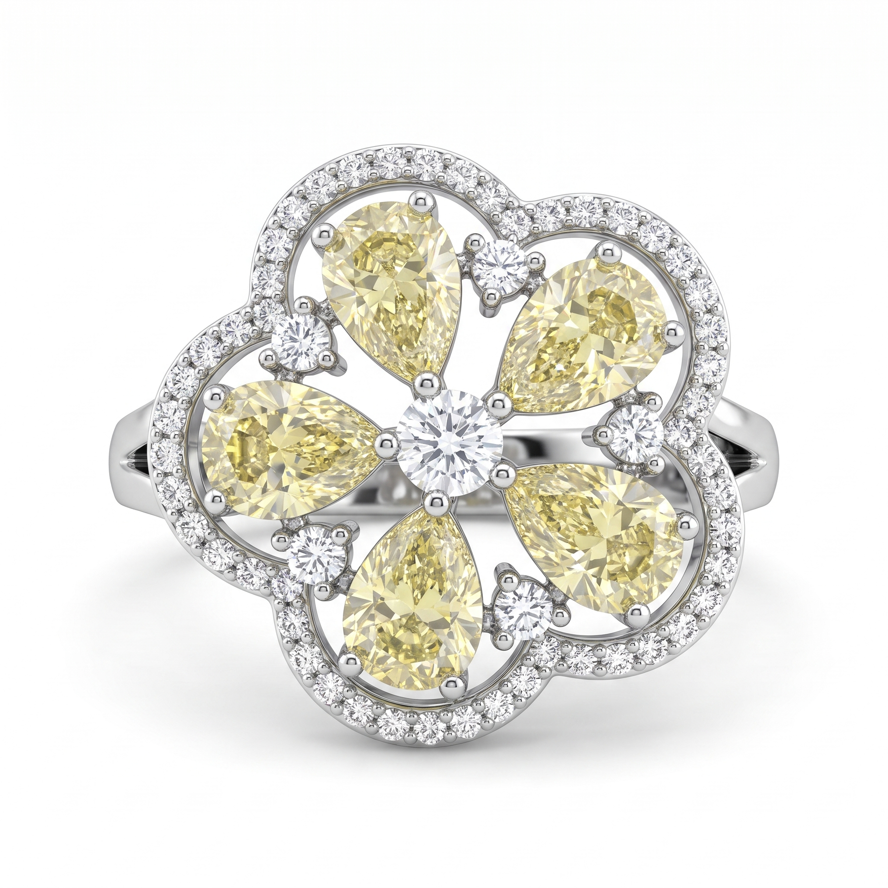 Yellow & White American Diamond Floral Statement Ring in 925 Silver