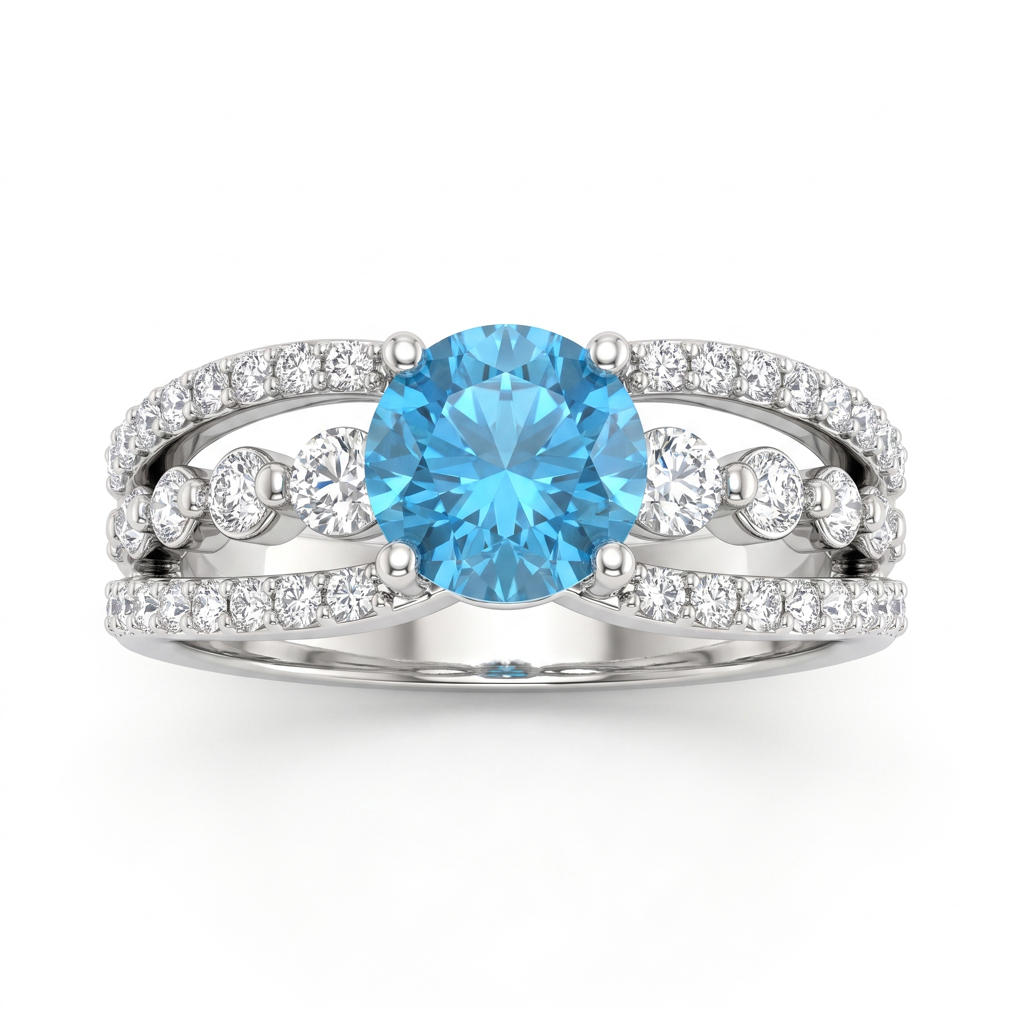 Blue Round American Diamond Multi-Row Statement Ring in 925 Silver Secondary image