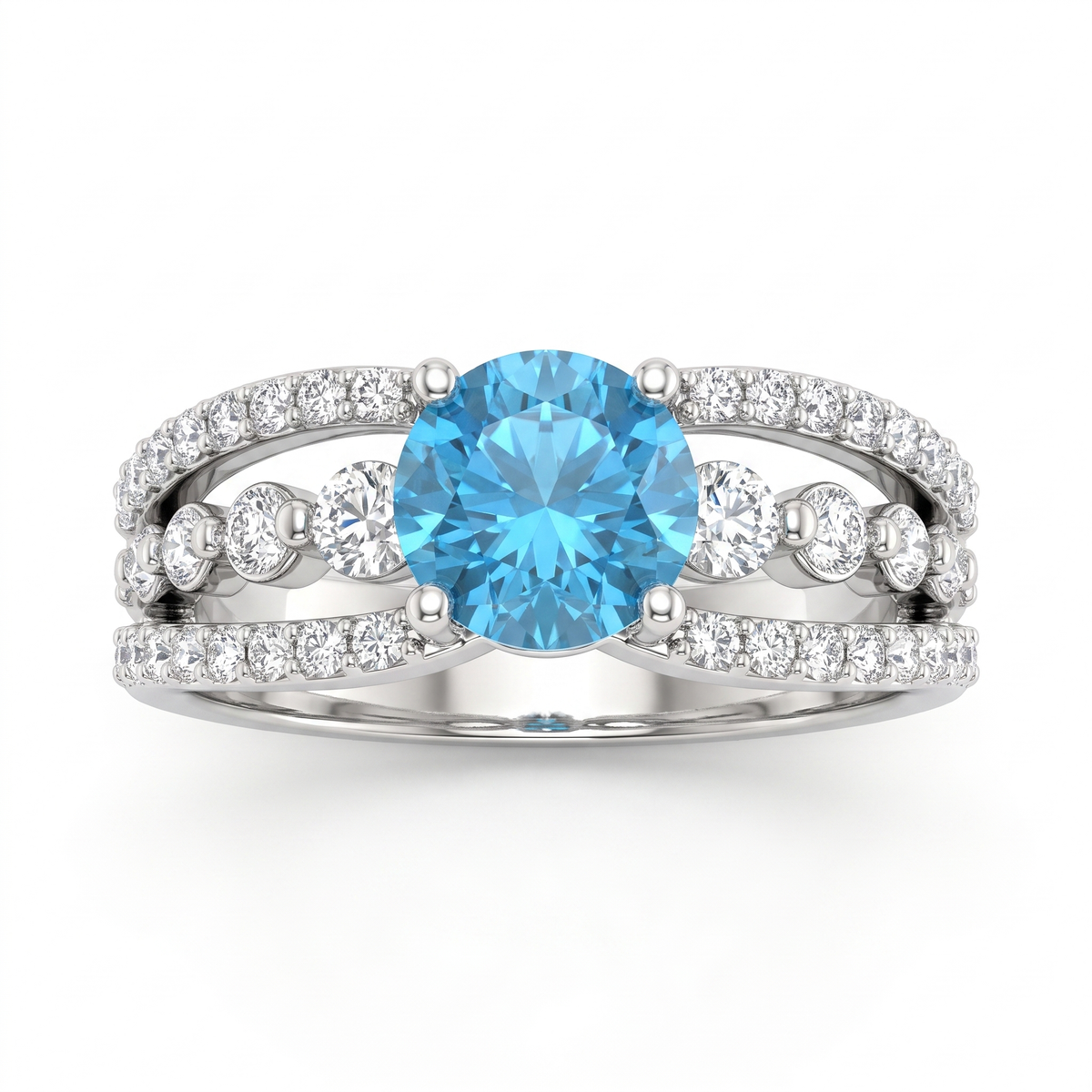 Blue Round American Diamond Multi-Row Statement Ring in 925 Silver