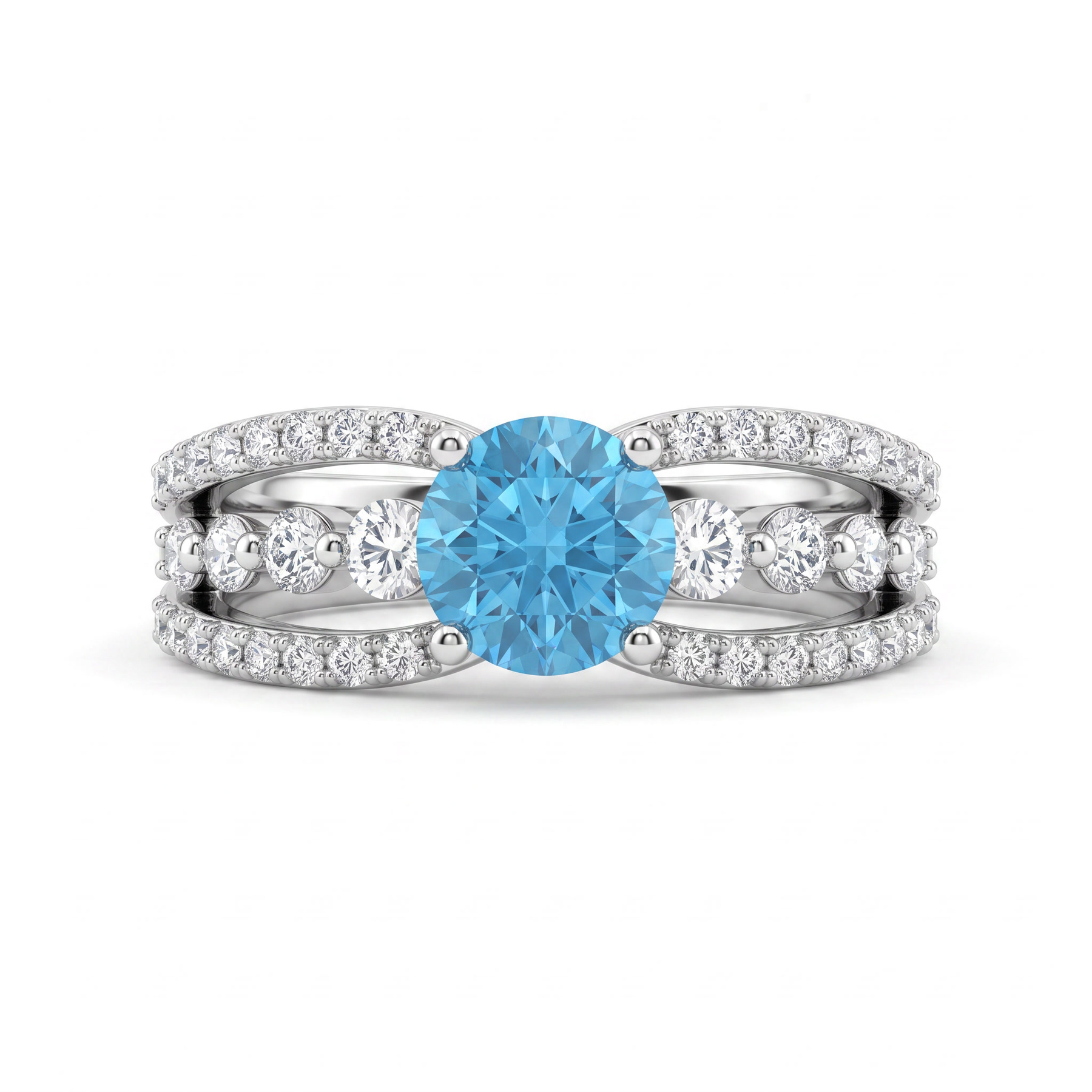 Blue Round American Diamond Multi-Row Statement Ring in 925 Silver