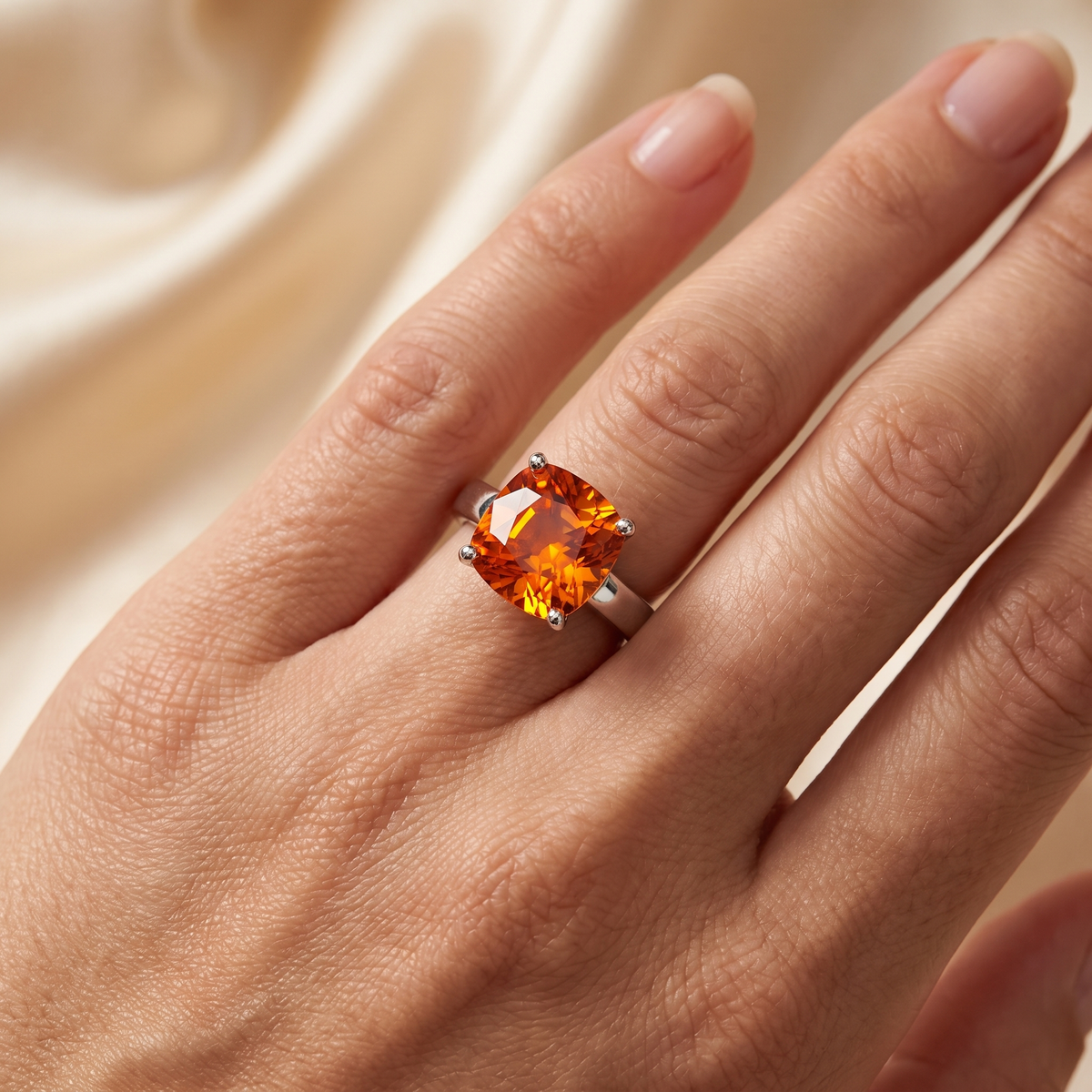 Orange Cushion-Cut American Diamond Solitaire Ring in 925 Silver