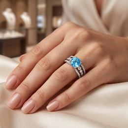 Blue Round American Diamond Multi-Row Statement Ring in 925 Silver