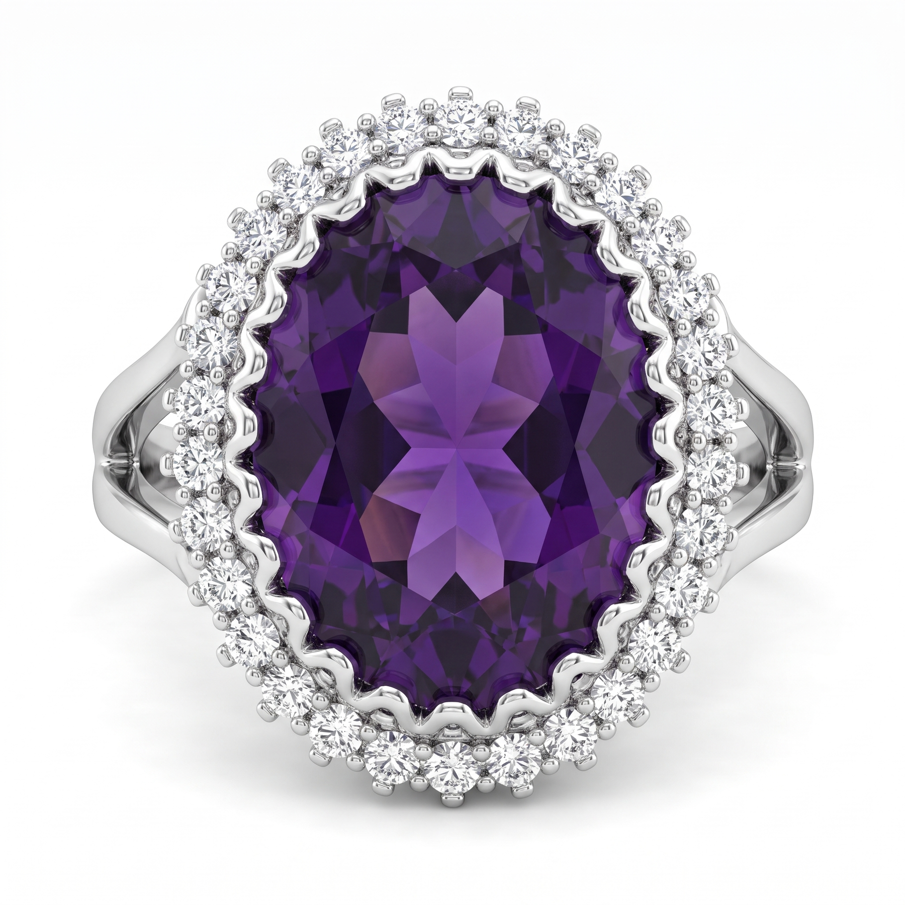 Purple Oval Stone & American Diamond Halo Statement Ring in 925 Silver