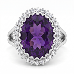 Purple Oval Stone & American Diamond Halo Statement Ring in 925 Silver