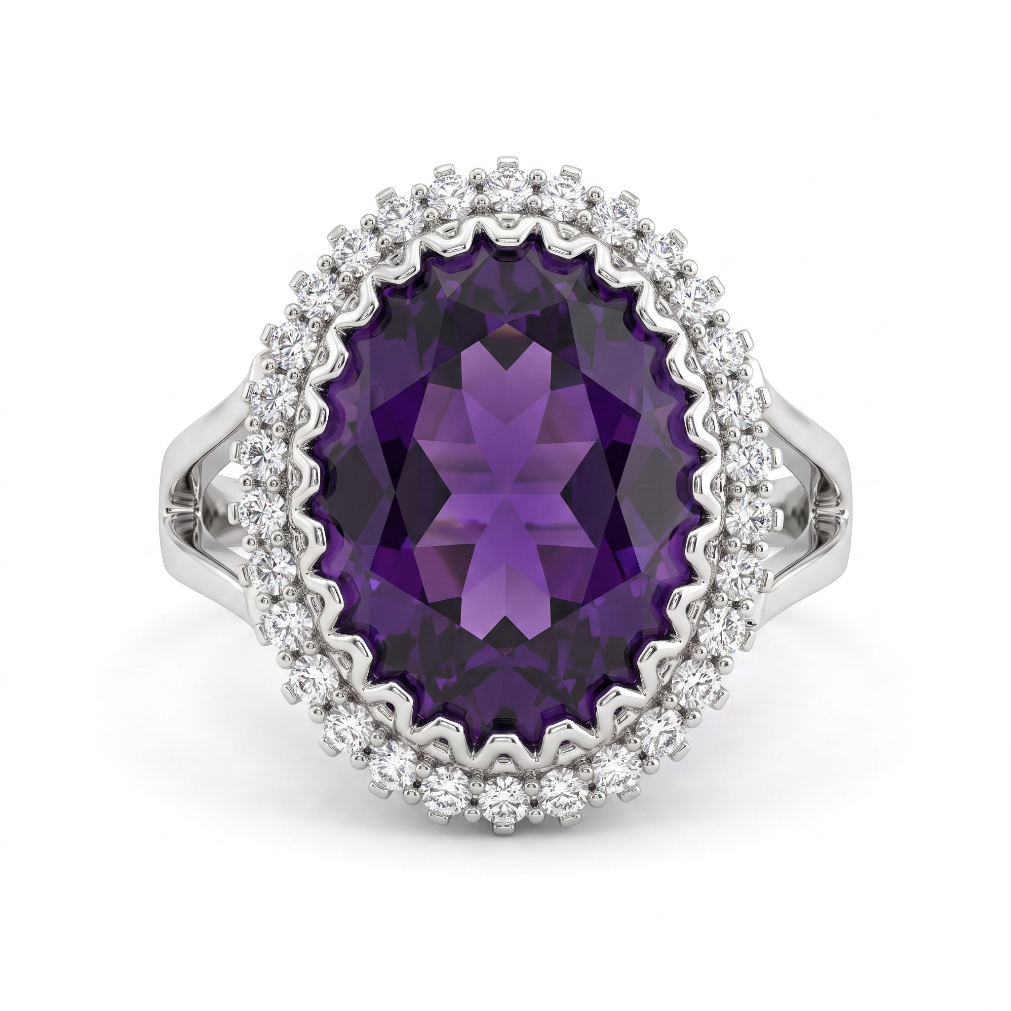 Purple Oval Stone & American Diamond Halo Statement Ring in 925 Silver Secondary image