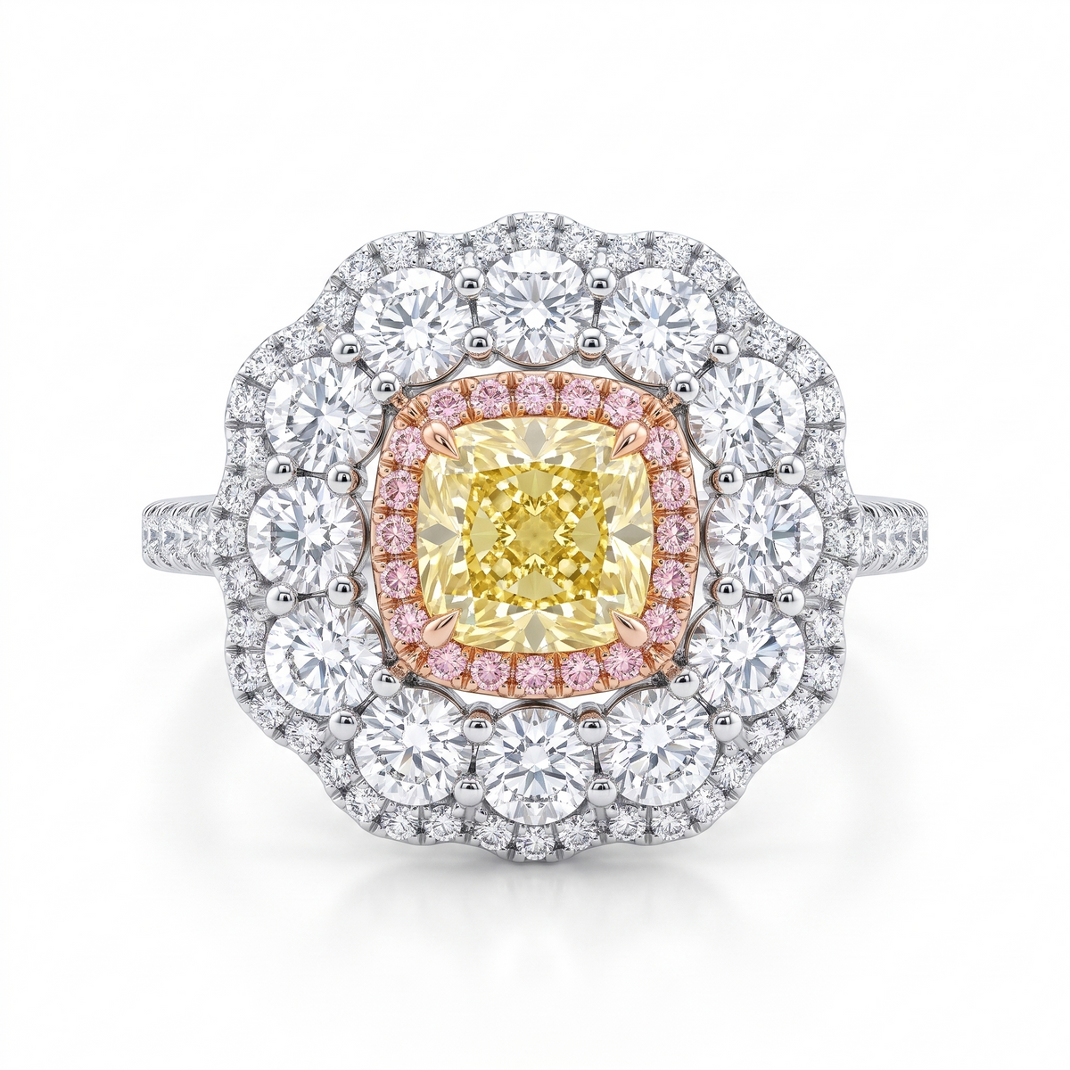 Yellow Cushion Stone & American Diamond Double Halo Statement Ring in 925 Silver Main image