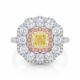 Yellow Cushion Stone & American Diamond Double Halo Statement Ring in 925 Silver