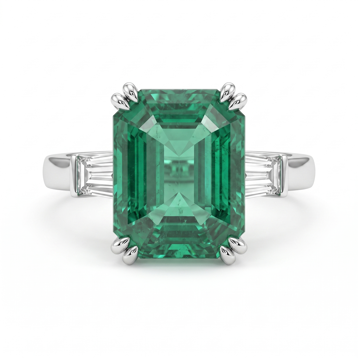 Emerald-Cut Green Stone & Baguette American Diamond Three-Stone Ring in 925 Silver Main image