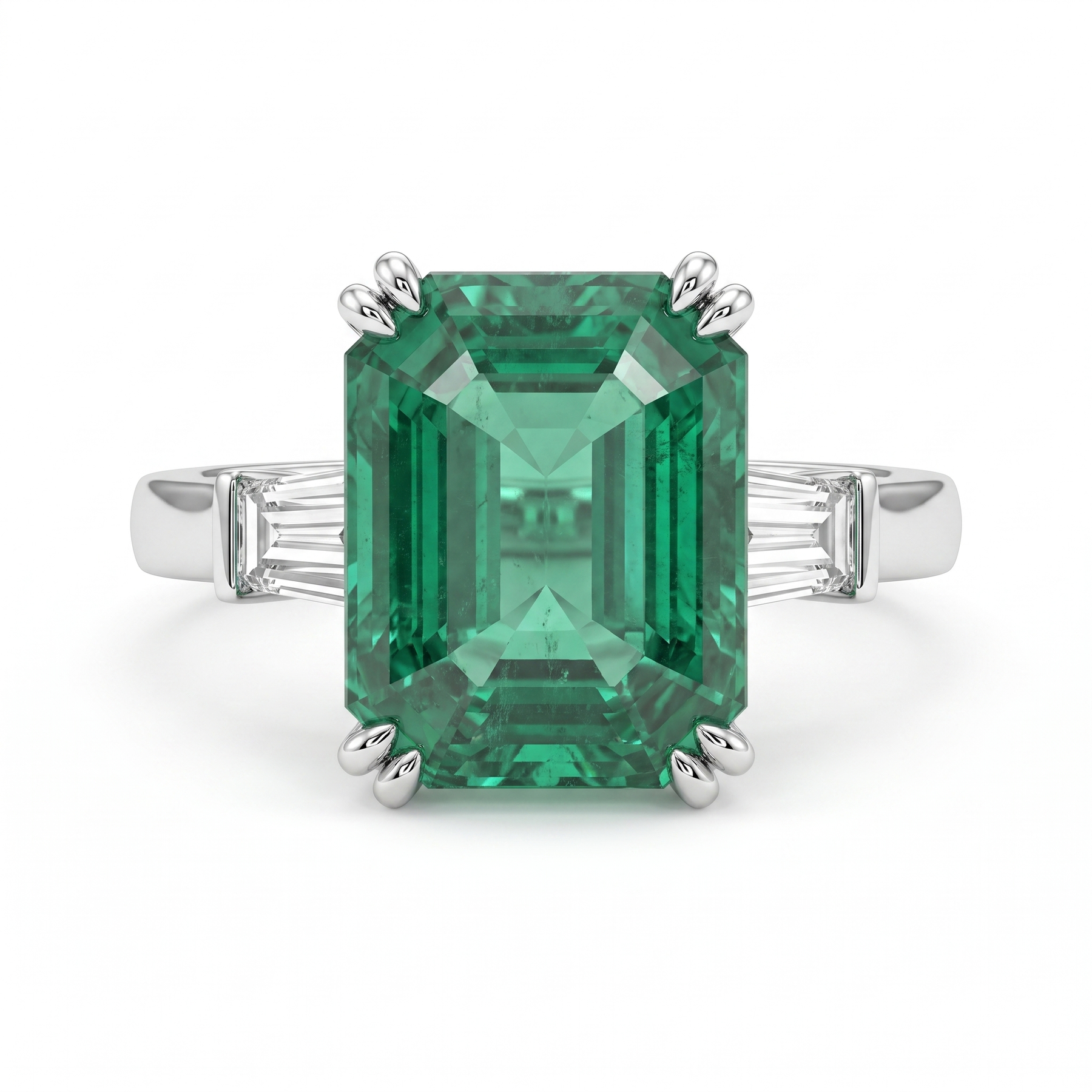 Emerald-Cut Green Stone & Baguette American Diamond Three-Stone Ring in 925 Silver