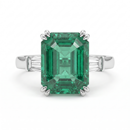 Emerald-Cut Green Stone & Baguette American Diamond Three-Stone Ring in 925 Silver