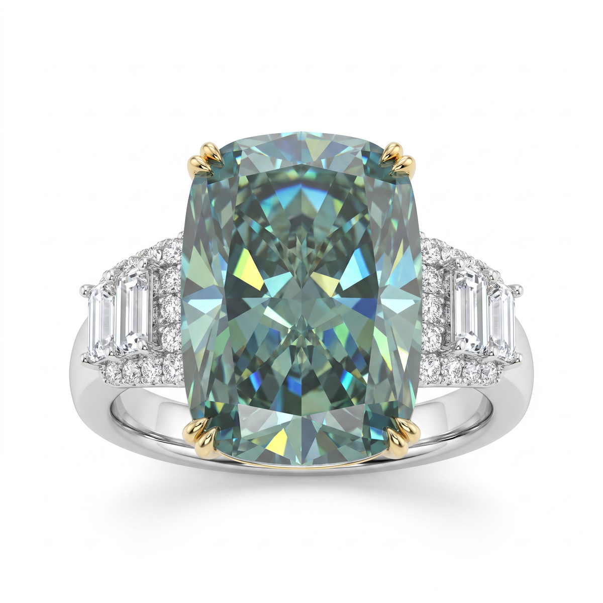 Green Cushion Stone & Emerald-Cut American Diamond Statement Ring in 925 Silver