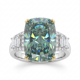 Green Cushion Stone & Emerald-Cut American Diamond Statement Ring in 925 Silver