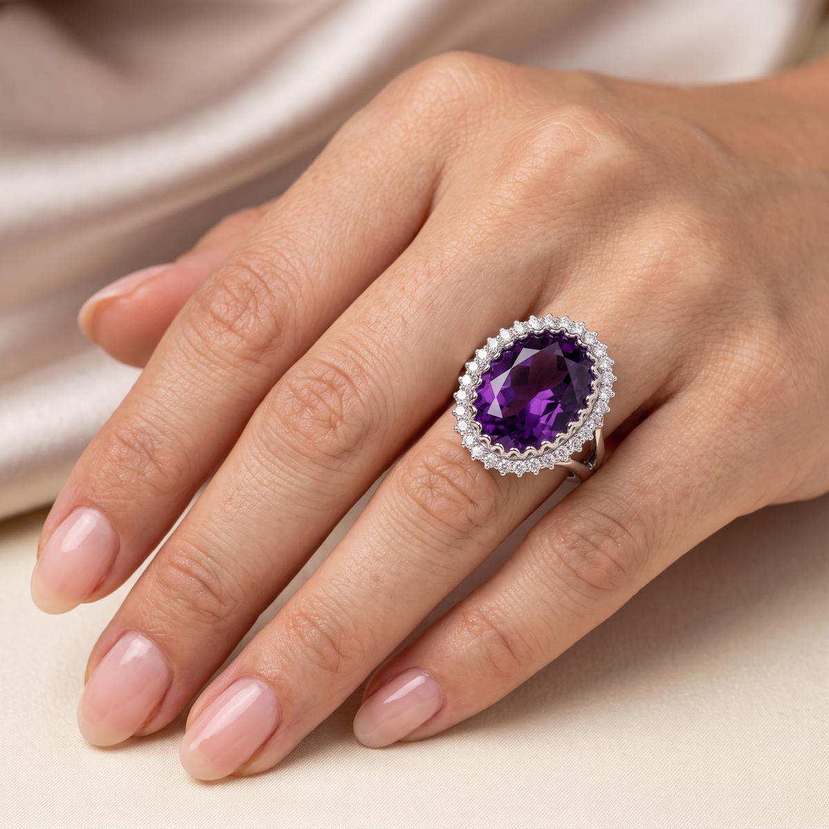 Purple Oval Stone & American Diamond Halo Statement Ring in 925 Silver