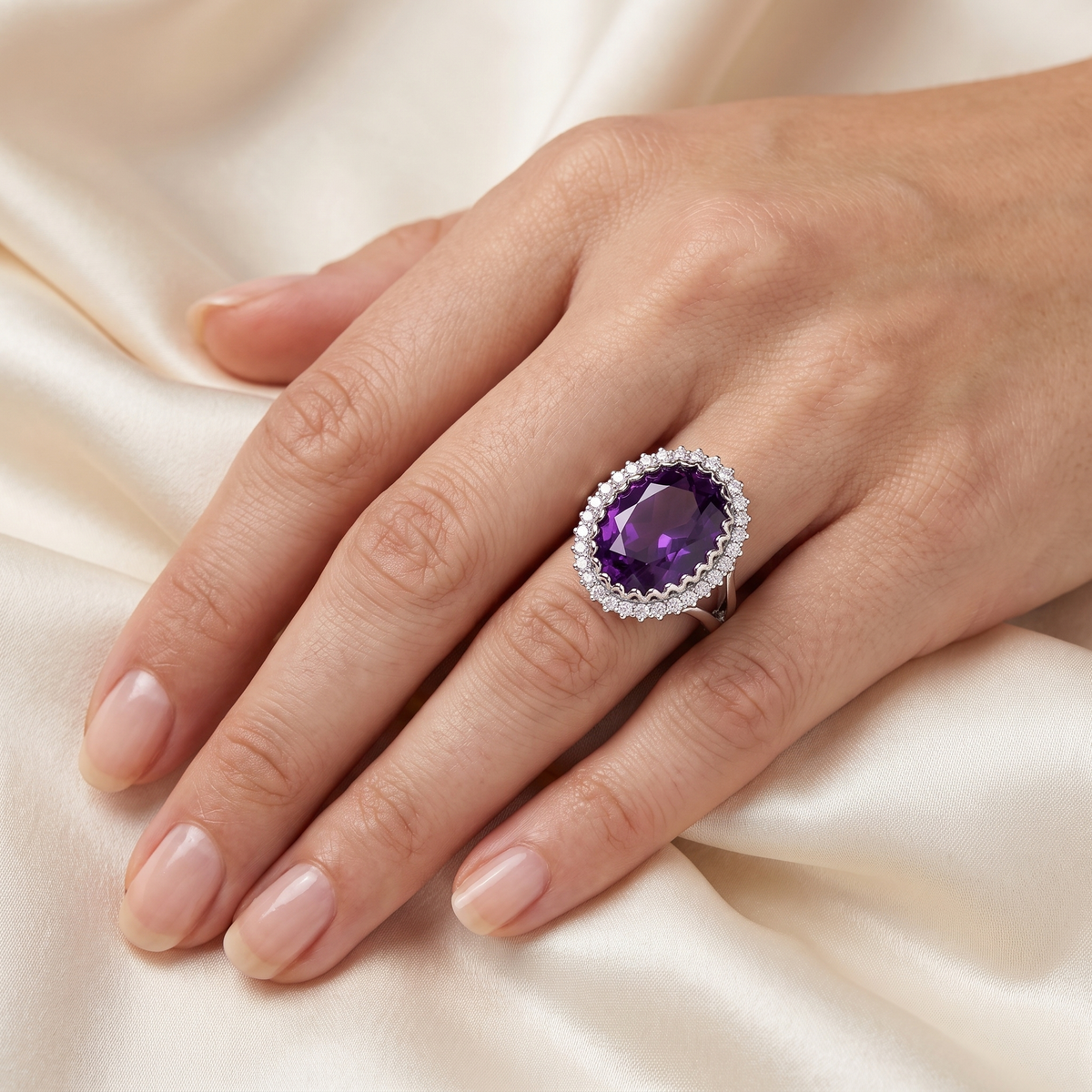 Purple Oval Stone & American Diamond Halo Statement Ring in 925 Silver