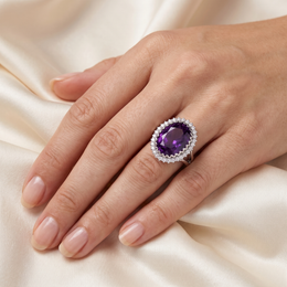 Purple Oval Stone & American Diamond Halo Statement Ring in 925 Silver