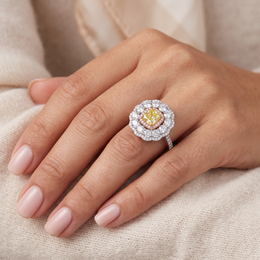Yellow Cushion Stone & American Diamond Double Halo Statement Ring in 925 Silver