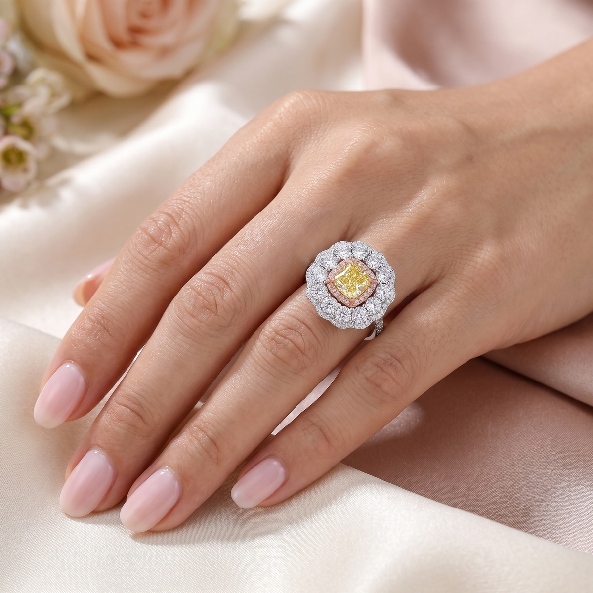 Yellow Cushion Stone & American Diamond Double Halo Statement Ring in 925 Silver