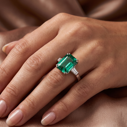 Emerald-Cut Green Stone & Baguette American Diamond Three-Stone Ring in 925 Silver
