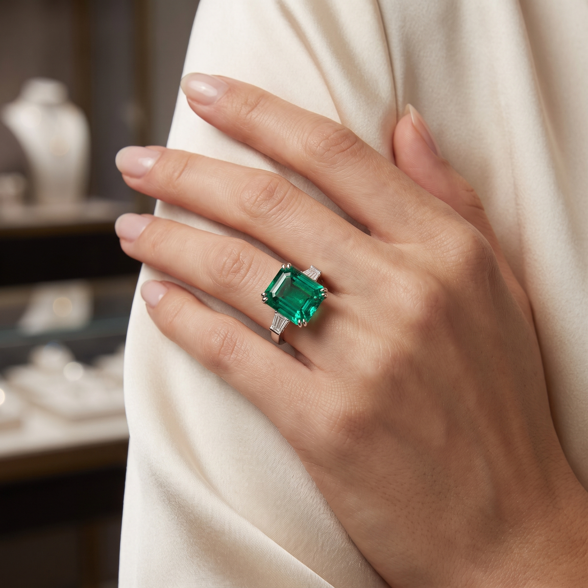 Emerald-Cut Green Stone & Baguette American Diamond Three-Stone Ring in 925 Silver