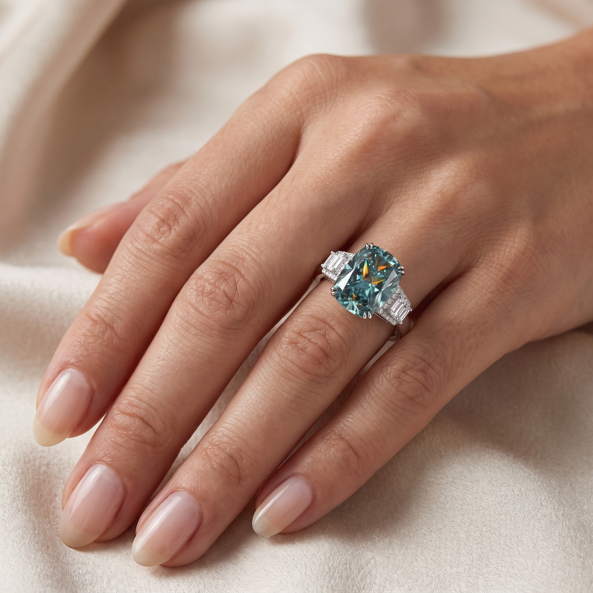 Green Cushion Stone & Emerald-Cut American Diamond Statement Ring in 925 Silver