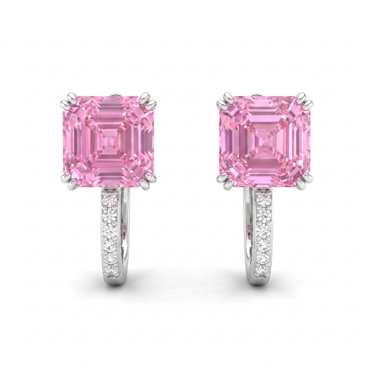Pink Asscher-Cut Stone & American Diamond Hoop Earrings in 925 Silver