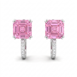 Pink Asscher-Cut Stone & American Diamond Hoop Earrings in 925 Silver
