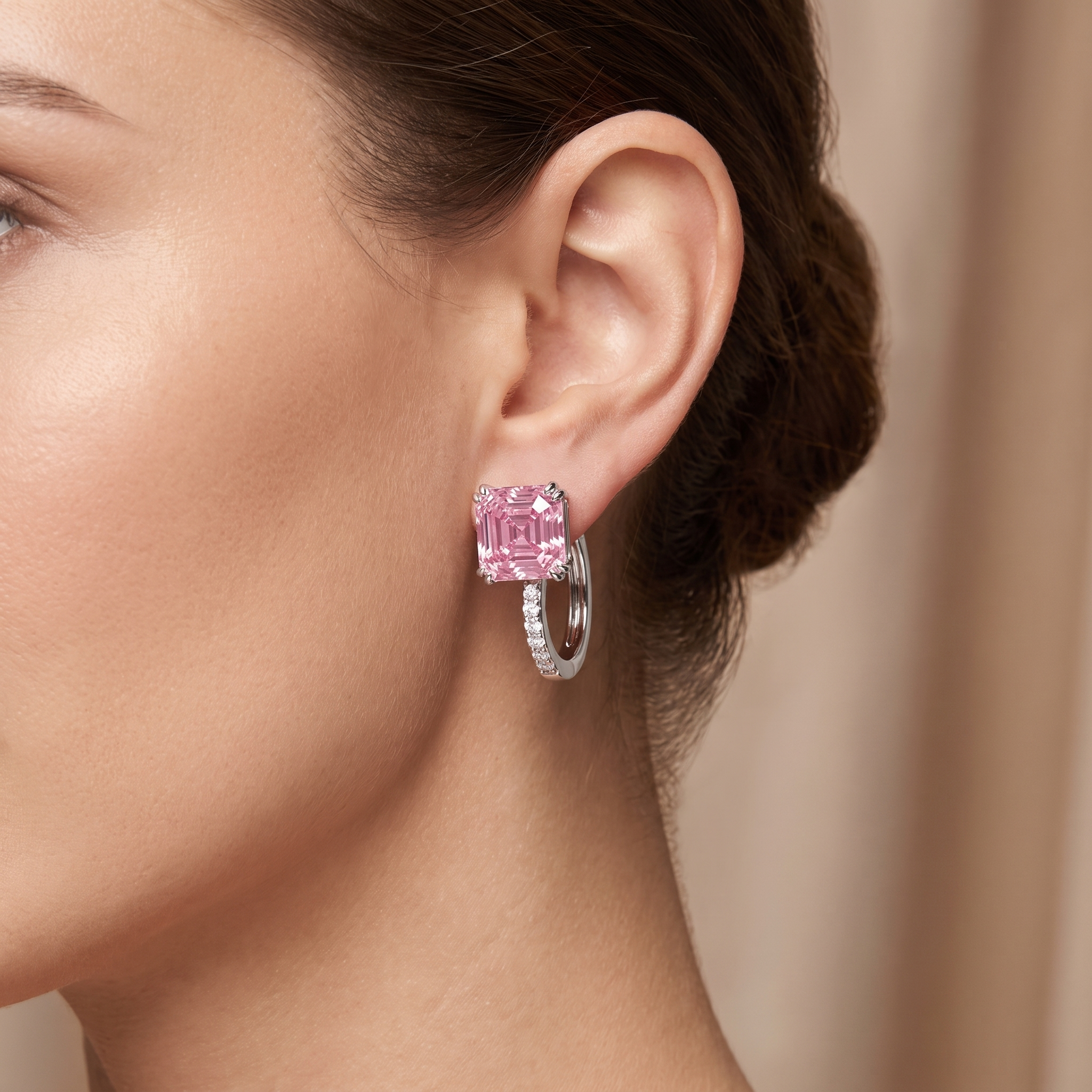Pink Asscher-Cut Stone & American Diamond Hoop Earrings in 925 Silver Secondary image
